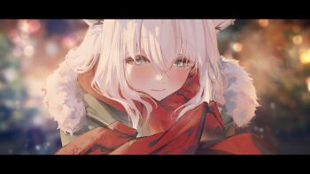 1girl absurdres animal_ear_piercing animal_ears aqua_eyes blurry blurry_background braid closed_mouth commentary_request double-parted_bangs extra_ears fox_ears fox_girl fur-trimmed_jacket fur_trim green_jacket grin hair_between_eyes highres hololive hyde_(tabakko) jacket long_hair looking_at_viewer outdoors pov reaching red_scarf scarf shirakami_fubuki side_braid single_braid smile virtual_youtuber white_hair