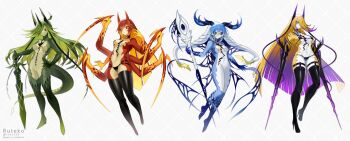 Rule 34 | 4girls, argyle background, bikini, blonde hair, blue hair, blue skin, colored inner hair, colored skin, commentary request, cracked skin, extra arms, gradient hair, green hair, green skin, highres, holding, holding staff, holding sword, holding weapon, hollow body, horns, lizard tail, looking at viewer, mage staff, monster girl, multicolored hair, multiple girls, original, red hair, red skin, ruteko (ruko220), staff, swimsuit, sword, tail, thighhighs, thong, thong bikini, weapon, white background, yellow skin