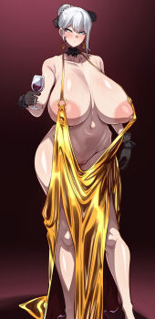 1girl absurdres areola_slip blush breasts breasts_apart censored choker cleft_of_venus cocktail_dress collarbone covered_erect_nipples cup curvy dress drinking_glass earrings evening_gown expressionless expressionless_maid_(konoshige) gold_dress grey_eyes grey_hair hair_bun hair_ornament highres huge_areolae huge_breasts jewelry konoshige_(ryuun) large_nipples looking_at_viewer mosaic_censoring navel no_panties original pussy revealing_clothes short_hair standing thick_thighs thighhighs thighs wide_hips wine_glass