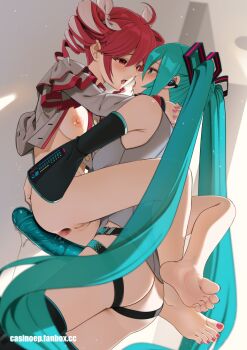 2girls after_anal anus aqua_hair arm_around_neck ass barefoot black_thighhighs bottomless breasts casino_(casinoep) censored collared_shirt commentary_request detached_sleeves dildo drill_hair gaping grey_shirt hatsune_miku indoors kasane_teto long_hair long_sleeves looking_at_another medium_breasts medium_hair mosaic_censoring multiple_girls nipples open_clothes open_mouth open_shirt paid_reward_available pussy red_hair sex sex_toy shirt sleeveless sleeveless_shirt soles strap-on thighhighs toes tongue tongue_out twin_drills twintails utau very_long_hair vocaloid yuri
