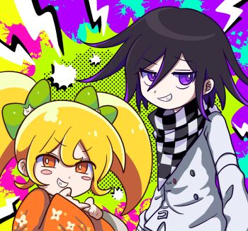 1boy 1girl black_hair blonde_hair blush_stickers bow buttons checkered_clothes checkered_scarf commentary_request danganronpa_(series) danganronpa_2:_goodbye_despair danganronpa_v3:_killing_harmony flipped_hair green_bow grin hair_between_eyes hair_bow hair_horns hair_ornament hichimochi_(4gdq1cyagsnyqqz) highres japanese_clothes kimono long_hair long_sleeves looking_at_viewer oma_kokichi orange_eyes orange_kimono purple_eyes purple_hair saionji_hiyoko scarf shirt short_hair smile teeth toon_(style) twintails two-tone_scarf upper_body very_long_hair