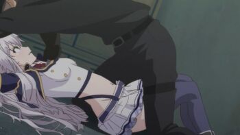 1boy 1girl animal_ears belly breasts fake_animal_ears forced bad_tag green_eyes grey_eyes hairband leggings long_hair lying midriff miniskirt navel on_back on_floor pinned_down rokudenashi_majutsu_koushi_to_akashic_record sistine_fibel skirt