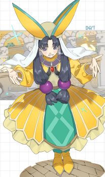 Rule 34 | 1girl, absurdres, aqua loincloth, aqueduct, black hair, blush, boots, border, brazier, brick floor, brooch, casting spell, collar, commentary request, dragon quest, dragon quest vii, dress, fosse (dq7), full body, grin, hair ornament, hat, highres, himuro yukichiko, jewelry, light blush, long hair, long sleeves, low-tied long hair, outdoors, outstretched arms, parted bangs, priest, purple eyes, robe, signature, smile, solo, sparkle, sphere hair ornament, standing, veil, yellow robe