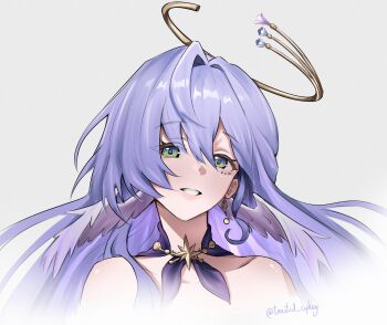 1girl commentary cyke english_commentary face_jewel green_eyes halo head_wings highres honkai:_star_rail honkai_(series) jewel_under_eye long_hair looking_at_viewer purple_hair robin_(honkai:_star_rail) simple_background solo wings