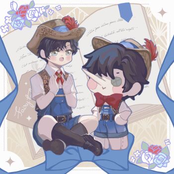 1boy :&gt; :d absurdres aged_down aqua_eyes belt belt_buckle black_belt black_hair black_shoes black_socks blue_bow blue_flower blue_overalls blue_ribbon blue_rose blush book bookmark border bow bowtie brown_hat buckle character_doll chinese_commentary clapping collared_shirt cross_tie curtained_hair doll flower full_body gloves hat hat_feather highres indian_style kneehighs light_and_night_love loafers long_nose looking_at_doll male_focus open_book open_mouth outside_border overall_shorts overalls red_bow red_bowtie red_flower red_rose ribbon rose shirt shoes short_hair short_sleeves sitting smile snow234 socks solo the_adventures_of_pinocchio white_border white_flower white_gloves white_rose white_shirt xiao_yi_(light_and_night_love)
