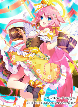 1girl blue_eyes bow confetti copyright_notice cup feathered_wings floral_print floral_print_skirt flower frilled_shirt frilled_skirt frills from_below hair_flower hair_ornament hair_ribbon halo highres holding holding_cup long_hair looking_back marie_(z/x) official_art open_mouth pilokey pink_hair print_skirt ribbon shirt skirt solo traditional_halo very_long_hair waist_bow wings yellow_bow yellow_ribbon yellow_skirt z/x