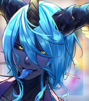 1boy blue_hair blue_horns blue_sclera blue_skin blue_tongue colored_sclera colored_skin colored_tongue commentary_request deep_blue_(ff14) final_fantasy final_fantasy_xiv highres horns long_hair looking_at_viewer male_focus monster_boy portrait shiroesa solo tongue tongue_out yellow_eyes