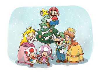 3boys 3girls christmas_tree commentary en20silva fur_hat hat luigi mario mario_(series) multiple_boys multiple_girls nintendo official_style princess_daisy princess_peach star_(symbol) symbol-only_commentary toad_(mario) toadette ushanka yellow_hat