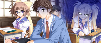 2boys 2girls aura chair classroom cross cross_print dark_aura evil_face evil_grin evil_smile fumitake_moekibara_(artist) game_cg glasses grin ii_futami itsuka_todoku_ano_sora_ni long_image mitora_mememe moekibara_fumitake multiple_boys multiple_girls on_chair school school_uniform serafuku smile sweat tatsumi_saku twintails wide_image