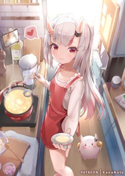 1girl apron blunt_bangs blurry commentary_request depth_of_field from_above heart holding holding_ladle hololive horns kitchen ladle long_hair long_sleeves looking_at_viewer looking_up mujinbensin multicolored_hair nakiri_ayame plate pot poyoyo_(nakiri_ayame) red_eyes shirt sidelocks silver_hair skin-covered_horns smile spoken_heart streaked_hair sunlight two-tone_hair virtual_youtuber white_shirt wooden_floor