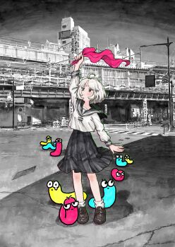 Rule 34 | 1girl, absurdres, ahoge, black skirt, chiyoda (tokyo), cloud, cloudy sky, gradient hair, hair ornament, highres, long sleeves, multicolored hair, original, outdoors, pink hair, pleated skirt, real world location, sailor collar, school uniform, serafuku, shirt, shoes, skirt, sky, socks, solo, standing, tokyo (city), train station, virtual youtuber, white shirt, yoshizawa takuma