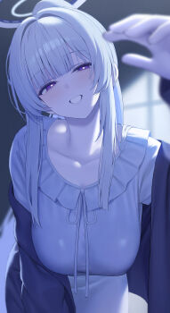 1girl absurdres blue_archive blurry blush breasts bright_pupils depth_of_field dress frilled_dress frilled_pajamas frills hair_intakes halo hibimaru highres large_breasts leaning_forward long_hair looking_at_viewer mechanical_halo nightgown noa_(blue_archive) noa_(pajamas)_(blue_archive) official_alternate_costume official_alternate_hairstyle pajamas purple_eyes smile solo very_long_hair white_dress white_hair white_halo white_nightgown white_pajamas white_pupils