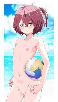 1girl absurdres antenna_hair arms_at_sides ball beach beach_volleyball blue_sky blush border breasts breasts_apart brown_hair cleft_of_venus clitoral_hood closed_mouth cloud collarbone completely_nude day double-parted_bangs female_focus fingernails gluteal_fold groin hair_between_eyes hair_bobbles hair_ornament highres holding holding_ball horizon inset_border kiniro_tofu komari_chika light_frown make_heroine_ga_oo_sugiru! navel nipples nude nude_beach nudist ocean one_side_up outdoors perky_breasts ponytail pussy red_hair sand shore short_hair short_ponytail side_ponytail skinny sky small_breasts solo standing stomach straight-on straight_hair tareme thighs uncensored volleyball_(object) water white_border yellow_eyes