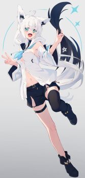 Rule 34 | 1girl, absurdres, ahoge, animal ear fluff, animal ears, armpits, black boots, black shorts, black thighhighs, blue neckerchief, boots, braid, breasts, detached sleeves, double fox shadow puppet, earrings, fox ears, fox girl, fox shadow puppet, fox tail, green eyes, grey background, hair between eyes, highres, hololive, hood, hoodie, jewelry, key, leg up, long hair, looking at viewer, midriff, nagishiro mito, navel, neckerchief, open mouth, pentagram, shirakami fubuki, shirakami fubuki (1st costume), short shorts, shorts, sidelocks, simple background, single braid, single thighhigh, solo, tail, thigh strap, thighhighs, v, virtual youtuber, white hair, white hoodie