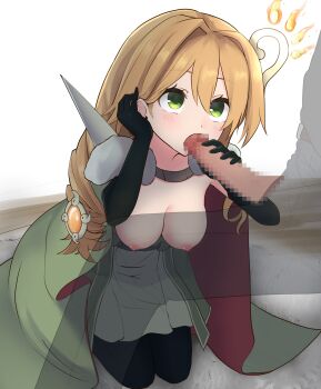 1boy 1girl absurdres adjusting_hair black_gloves black_pantyhose blonde_hair breasts breasts_out cape censored cloak clothed_sex clothes_pull dress_pull elbow_gloves erection fellatio fur-trimmed_cloak fur_trim gloves green_cape green_cloak green_eyes hair_behind_ear hair_between_eyes hair_intakes hair_ornament hands_up hetero highres kagarimi kneeling light_blush long_hair looking_at_another looking_up medium_breasts mosaic_censoring nipples oral pantyhose penis penis_grab ritual_beast_tamer_lara solo_focus yu-gi-oh!