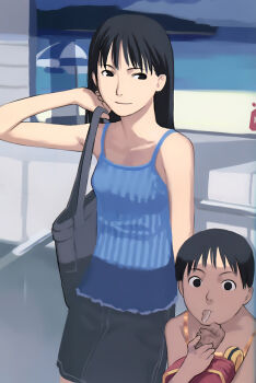 2girls absurdres bag beach black_eyes black_hair camisole day eating food highres long_hair multiple_girls ocean parasol short_hair shoulder_bag skirt sky takamichi takoyaki umbrella