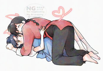 Rule 34 | 1boy, 1girl, :3, ^ ^, artist name, barefoot, black hair, black pants, blue hair, braid, brown eyes, closed eyes, commentary, con sonne, drawn ears, drawn tail, hand on another's waist, hetero, hug, male focus, pale skin, pants, ranma 1/2, saotome ranma, short hair, single braid, socks, tendou akane, watermark, white socks