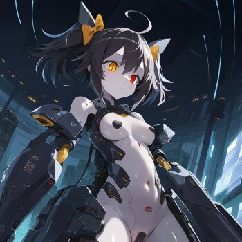 Rule 34 | 1girl, 2024, ahoge, aino x, alice alucard, black hair, bow, censored, cyborg, gynoid, hair bow, heart, heart censor, heterochromia, indie virtual youtuber, red eyes, robot, solo, virtual youtuber, yellow bow, yellow eyes