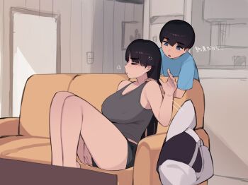 1boy 1girl akiyama_fumika_(pepper0) akiyama_toru_(pepper0) black_hair breasts cosplay door indoors japanese_text large_breasts long_hair mature_female original pepper0 phone short_hair shota source_request translation_request