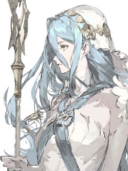 1girl azura_(fire_emblem) blue_hair breasts fingerless_gloves fire_emblem fire_emblem_fates gloves hair_between_eyes highres holding holding_polearm holding_weapon lkppp long_hair looking_to_the_side nintendo polearm small_breasts solo upper_body veil very_long_hair weapon yellow_eyes