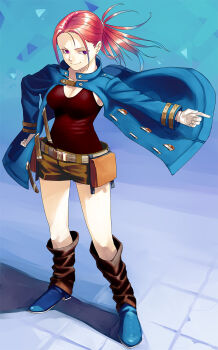 1girl belt belt_buckle belt_pouch blue_background blue_jacket boots breasts brown_boots brown_shorts buckle buttons cleavage closed_mouth collarbone commentary eyelashes forehead full_body gloves hama_(22ji_kara_24ji) hand_on_own_hip highres jacket large_breasts long_sleeves looking_to_the_side loose_footwear open_clothes open_jacket original pointing pointing_to_the_side ponytail pouch purple_eyes red_hair red_tank_top short_shorts shorts smile smirk solo standing strap swept_bangs tank_top tile_floor tiles white_gloves