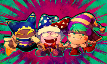 animal_ears aqua_background aqua_eyes aqua_outline bags_under_eyes belt belt_buckle belt_collar blonde_hair blue_belt blue_headwear blue_hood boots bow bowtie broom brown_footwear buckle cape clenched_hand collar colored_skin colored_tips commentary_request covered_mouth crazy_eyes cube_hat_ornament disembodied_hand eyelashes fang fur-trimmed_headwear fur_trim gear_print gloves green_hair grin gryll_(kirby) half-closed_eye half-closed_eyes hat high_heel_boots high_heels holding holding_broom jester_cap kirby_(series) looking_at_viewer magolor marking_on_cheek marx_(kirby) multicolored_hair nintendo no_humans open_mouth outline outstretched_hand pink_background pointy_boots polka_dot_headwear pom_pom_(clothes) purple_headwear purple_skin rayman_limbs red_bow red_bowtie red_footwear red_headwear scarf shirushiki short_hair smile solid_eyes straight-on striped_clothes striped_headwear teeth traditional_bowtie triangle_print two-tone_background two-tone_headwear v-shaped_eyebrows very_short_hair white_cape white_gloves white_scarf wide-eyed witch_hat yellow_eyes yellow_headwear