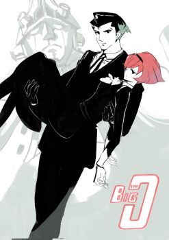 1boy 1girl big_o_(mecha) black_dress black_eyes black_hair black_hairband black_jacket carrying closed_mouth collared_shirt commentary_request copyright_name dress formal_clothes hairband jacket long_sleeves looking_at_viewer necktie nukuyu_haru princess_carry r_dorothy_wayneright red_hair roger_smith shirt short_hair the_big_o white_shirt