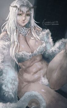 Rule 34 | 1girl, absurdres, breasts, cleavage, closed mouth, curtained hair, curvy, dark souls (series), dark souls i, dated, dragon girl, exobelos, fluffy, giant, giantess, green eyes, hand on own knee, highres, in-universe location, knee up, large breasts, long hair, monster girl, priscilla the crossbreed, pubic hair, sidelocks, signature, sitting, slit pupils, solo, stomach, sweat, tail, white hair, white pubic hair