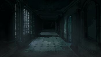 ballads_at_midnight dim_lighting fog hallway highres indoors no_humans non-web_source official_art open_door scenery tile_floor tiles