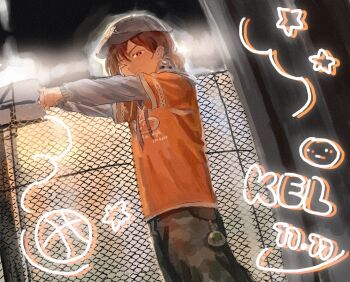 1boy alternate_eye_color baseball_cap brown_eyes brown_hair camouflage camouflage_shorts character_name closed_mouth dark-skinned_male dark_skin grey_hat hat hector_(omori) highres hood hood_down hoodie kel_(birthday)_(omori) kel_(faraway)_(omori) kel_(omori) long_sleeves looking_at_viewer low_ponytail male_focus nofu_no0004 official_alternate_costume omori one_eye_closed orange_hoodie ponytail short_hair short_ponytail shorts smile solo stretching