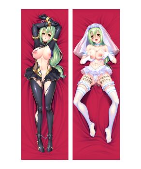 1girl aishuu_hebiko bdsm body_writing breasts breasts_out breasts_squeezed_together bridal_gauntlets bridal_legwear bridal_lingerie bridal_veil bride chain cuffs dakimakura_(medium) grabbing_own_breast kagami_hirotaka lilith-soft lingerie long_hair nipple_piercing panties piercing tagme taimanin_(series) taimanin_rpgx torn_clothes underwear veil