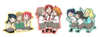 &gt;_&lt; 6+girls :d :o ^_^ absurdres ahoge aqua_neckerchief aqua_outline black_hair black_socks black_thighhighs blonde_hair blue_hair book brown_hair brown_shoes closed_eyes deformed green_vest grey_hair grey_sailor_collar grey_skirt grin hair_bun half_updo high_ponytail highres holding holding_book kase_(ks_lys) kneehighs kunikida_hanamaru kurosawa_dia kurosawa_ruby long_hair love_live! love_live!_sunshine!! matsuura_kanan medium_hair medium_skirt multiple_girls neckerchief ohara_mari open_book open_mouth orange_hair outline over-kneehighs pleated_skirt ponytail profile puffy_short_sleeves puffy_sleeves reading red_hair red_neckerchief red_outline running sailor_collar sakurauchi_riko school_uniform shirt shoes short_sleeves simple_background single_side_bun sitting skirt smile socks standing summer_uniform takami_chika thighhighs tie_clip tsushima_yoshiko two_side_up uranohoshi_school_uniform vest watanabe_you white_background white_shirt white_socks yellow_neckerchief yellow_outline |_|