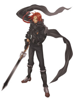1boy belt bindi black_gloves black_scarf boots braid facial_mark forehead_mark full_body gloves hatake_michi legs_apart long_hair looking_at_viewer male_focus one_eye_closed pants red_eyes red_hair scarf simple_background single_braid solo standing sword weapon white_background