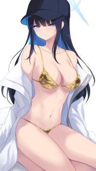 1girl bikini black_hair blue_archive blue_eyes blue_hair blue_halo breasts cait_aron colored_inner_hair commentary_request gold_bikini golden_week halo highres jacket long_hair looking_at_viewer medium_breasts multicolored_hair navel open_clothes open_jacket saori_(blue_archive) simple_background sitting solo swimsuit thighs two-tone_hair white_background white_jacket