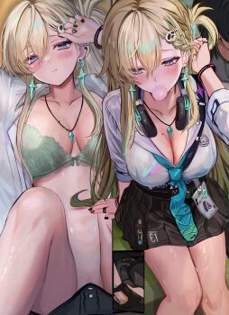 1boy 1girl absurdres aqua_necktie black_gloves black_nails black_skirt blonde_hair blush bra braid braided_bangs breasts bulge cleavage collarbone commentary_request earrings efuri_(riarea00) erection erection_under_clothes gloves green_bra hair_between_eyes hair_ornament hand_up headphones headphones_around_neck highres id_card jewelry lace lace_bra long_hair looking_at_viewer lynae_(wuthering_waves) male_rover_(wuthering_waves) medium_breasts mole mole_on_breast multicolored_hair multiple_views nail_polish navel necklace necktie no_panties paid_reward_available parted_lips partial_commentary purple_eyes rover_(wuthering_waves) skirt skull_hair_ornament solo_focus star_(symbol) star_earrings stomach streaked_hair sweat tacet_mark_(wuthering_waves) underwear wuthering_waves