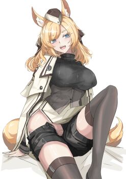 1girl :d absurdres animal_ear_fluff animal_ears arknights black_shorts black_sweater blonde_hair blue_eyes breasts bright_pupils brown_hat commentary fang feet_out_of_frame grey_thighhighs hat highres ken_(shutenndouji1) large_breasts long_sleeves looking_at_viewer medium_hair open_fly open_mouth revision ribbed_sweater shorts simple_background sitting smile solo sweater swept_bangs tail thighhighs turtleneck turtleneck_sweater underbust whislash_(arknights) white_background white_hat white_pupils yellow_tail