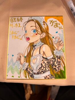 1girl artist_self-insert bare_shoulders blonde_hair blue_eyes clothing_cutout facial_mark flat_chest haguhagu_(rinjuu_circus) heart heart_cutout heart_facial_mark highres lace_dress long_hair looking_at_viewer maid maid_headdress open_mouth original photo_(medium) sasha_(haguhagu) shikishi solo tongue tongue_out traditional_media translation_request