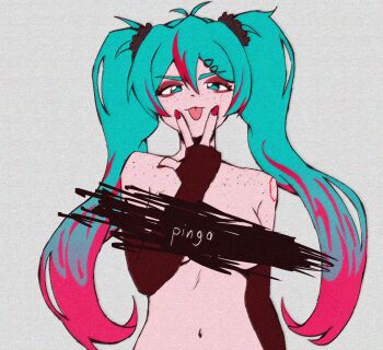 1girl aqua_hair bare_shoulders black_gloves body_freckles breasts censored cunnilingus_gesture elbow_gloves eyeshadow fingerless_gloves freckles gloves gradient_hair hair_between_eyes hair_ornament hair_scrunchie hatsune_miku highres large_breasts long_hair looking_at_viewer makeup mrquessos multicolored_hair nail_polish navel red_hair red_nails scrunchie solo static streaked_hair tongue tongue_out twintails vocaloid