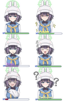 Rule 34 | 1girl, :d, ?, @ @, animal ear headwear, animal ears, aqua eyes, black gloves, black hair, blue archive, blue sailor collar, blunt bangs, blush, bucket hat, clenched teeth, closed eyes, closed mouth, commentary, confused, english text, fake animal ears, frown, gloves, green halo, halo, hand on own shoulder, hand up, hat, health bar, highres, long sleeves, looking at viewer, multiple views, neckerchief, nose bubble, open mouth, paralysis, peppo-mk3, poison, rabbit ears, sailor collar, saki (blue archive), school uniform, serafuku, shaded face, short hair, sick, simple background, sleeping, smile, split mouth, sweat, tears, teeth, upper body, v-shaped eyebrows, white background, white hat, yellow neckerchief, zzz