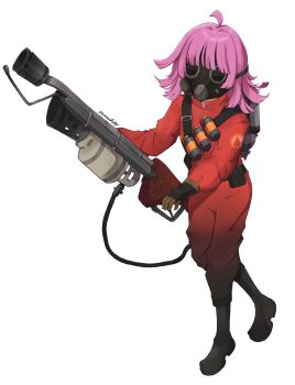 Rule 34 | 1girl, absurdres, ahoge, ankle boots, artist name, black boots, blunt bangs, blunt ends, blush, bodysuit, boots, commentary, commission, cosplay, explosive, flamethrower, gas mask, grenade, highres, hito (maruhito), holding, holding flamethrower, holding weapon, kishimen hair, looking at viewer, love live!, love live! nijigasaki high school idol club, mask, medium hair, pink hair, pyro (tf2), pyro (tf2) (cosplay), red bodysuit, red pyro (tf2), sash, shoulder sash, signature, simple background, solo, standing, tachi-e, team fortress 2, tennoji rina, weapon, white background