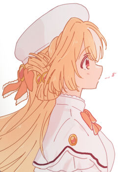 1girl beret blush bow brooch brown_hair dress eighth_note from_side hair_between_eyes hat highres hololive jewelry long_hair multicolored_hair musical_note profile red_bow red_eyes sasaki_(glass1138) shiranui_flare simple_background solo streaked_hair virtual_youtuber white_background white_dress white_hair white_hat