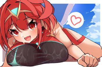 1girl absurdres bare_arms bare_shoulders black_one-piece_swimsuit blue_sky border breast_press breasts commentary_request earrings floating_earrings gem green_gemstone heart highres jewelry large_breasts looking_at_viewer marine_day mikan_(mika_n95) one-piece_swimsuit open_mouth outside_border paid_reward_available pyra_(pro_swimmer)_(xenoblade) pyra_(xenoblade) red_eyes red_hair short_hair sky smile solo spoken_heart swimsuit tiara wet white_border xenoblade_chronicles_(series) xenoblade_chronicles_2