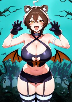 1girl absurdres ahoge animal_ears arm_strap armpits bare_shoulders black_choker black_gloves black_shirt black_shorts breasts brown_hair choker claw_pose cleavage cleavage_cutout clothing_cutout commission cowboy_shot criss-cross_halter crop_top garter_straps gloves halloween halterneck hands_up heart heart_ahoge highres large_breasts looking_at_viewer medium_hair micro_shorts midriff mole mole_on_breast mr_tangsuyuk navel open_mouth orange_eyes original shirt shorts skindentation sleeveless sleeveless_shirt smile solo stomach striped_clothes striped_thighhighs thigh_gap thighhighs thighs tongue tongue_out wings