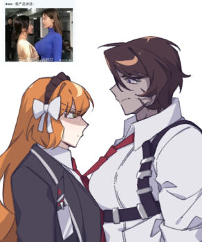 1boy 1girl asymmetrical_docking black_jacket bow breast_press brown_hair chest_harness chinese_commentary collared_shirt commentary_request freckles green_eyes hair_bow harness heathcliff_(project_moon) ishmael_(project_moon) jacket lapels large_pectorals limbus_company long_hair mercuryhx necktie notched_lapels orange_hair pectorals project_moon purple_eyes red_necktie shirt sidelocks upper_body very_long_hair white_bow white_shirt