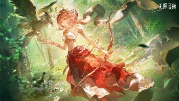 1girl armlet artist_request bare_shoulders beads bird bird_on_hand bow_(weapon) bracelet braid brown_eyes cloak closed_mouth commentary_request copyright_logo crop_top day earrings expressionless eyelashes feet_out_of_frame floating_cape floating_clothes floating_hair flower forest gold_armlet gold_bracelet gold_earrings hair_beads hair_ornament hawk highres holding holding_bow_(weapon) holding_weapon hood hood_up hooded_cloak hoop_earrings infinity_nikki jewelry layered_skirt leaf light_frown light_rays logo long_skirt midriff multiple_bracelets nature navel nikki_(nikki) nikki_(series) official_art outdoors outstretched_hand pink_hair purifying_wind_(infinity_nikki) purple_flower red_flower red_skirt shirt short_hair side_braids skirt sleeveless sleeveless_shirt solo standing sunlight third-party_source twin_braids weapon white_cloak white_flower white_shirt white_skirt wind