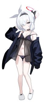 1girl absurdres babydoll blue_archive blush braid choker full_body grey_eyes hairband halo highres iv_(iv70311741) jacket lingerie loli navel open_clothes open_jacket panties plana_(blue_archive) simple_background slippers smile solo stomach thighs twin_braids underwear white_background white_hair