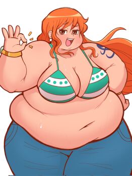 1girl alternate_body_size bare_shoulders belly big_belly bikini bikini_top_only blue_pants blush bracelet breasts brown_eyes cleavage cowboy_shot double_chin earrings fat fat_rolls furrowed_brow green_bikini hand_on_own_hip hand_up highres jewelry jitome large_breasts long_hair looking_at_viewer midnitemorty money_gesture muffin_top nami_(one_piece) navel obese one_piece open_mouth orange_hair pants pearl_earrings raised_inner_eyebrows shoulder_tattoo simple_background solo standing sweat sweatdrop swimsuit tattoo teeth thick_arms thick_thighs thighs upper_teeth_only weight_gain white_background