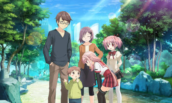 2boys 3girls arms_behind_back artist_request black-framed_eyewear black_leggings black_shoes black_skirt black_sleeves black_socks blue_pants blue_shirt blue_sky blunt_bangs blush_stickers bow bowtie braid brother_and_sister brown_eyes brown_hair brown_pants brown_shoes cardigan child city closed_mouth clothes_tug cloud cobblestone collared_shirt day denim dot_nose family finger_to_mouth flats from_side full_body game_cg glasses green_jacket grey_eyes hair_ornament hair_ribbon hairclip hand_on_own_hip hands_in_pockets hands_on_own_knees happy high-waist_skirt high_collar hood hood_down hooded_jacket husband_and_wife jacket jeans juliet_sleeves kamihama_university_affiliated_school_uniform kaname_junko kaname_madoka kaname_tatsuya kaname_tomohisa lace lace-trimmed_shirt lace_trim layered_sleeves leggings light_blush light_particles long_hair long_sleeves low_ponytail magia_record:_mahou_shoujo_madoka_magica_gaiden mahou_shoujo_madoka_magica medium_skirt miniskirt multiple_boys multiple_girls official_art open_mouth orange_cardigan outdoors pants park path pencil_skirt pink_eyes pink_hair plaid_clothes plaid_skirt pleated_skirt pocket ponytail puffy_sleeves red_bow red_bowtie red_ribbon red_sailor_collar red_shoes red_skirt ribbon road sailor_collar school_uniform shirt shoes short_hair short_over_long_sleeves short_sleeves short_twintails siblings side_braid skirt sky smile socks sparkle squatting standing sunlight tamaki_iroha tareme thighhighs tree twintails v-neck very_long_hair white_shirt white_thighhighs yellow_shirt zipper