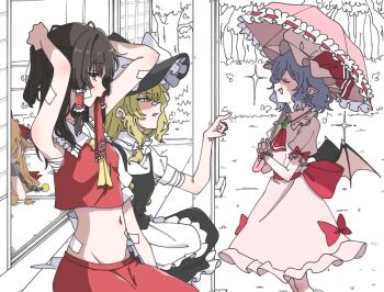 4girls 5zymp adjusting_hair apron ascot bandaged_arm bandages bandaid bandaid_on_face bandaid_on_nose bat_wings black_hair blonde_hair bow chest_sarashi closed_eyes crop_top frills hair_tubes hakurei_reimu hat holding holding_umbrella ibuki_suika kirisame_marisa midriff mob_cap monochrome_background multiple_girls open_mouth pointy_ears red_bow remilia_scarlet sarashi short_sleeves sitting sleeveless sparkle standing touhou umbrella wings yellow_eyes