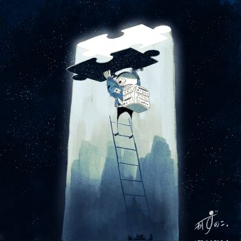 1other arms_up artist_name backpack bag blue_jacket commentary full_body gloves helmet highres holding_puzzle_piece jacket kazunoko_(kazunoko_zunoco) ladder looking_up night night_sky on_ladder original other_focus puzzle_piece radio_antenna signature sky solo space_helmet standing star_(sky) starry_sky sunlight white_gloves